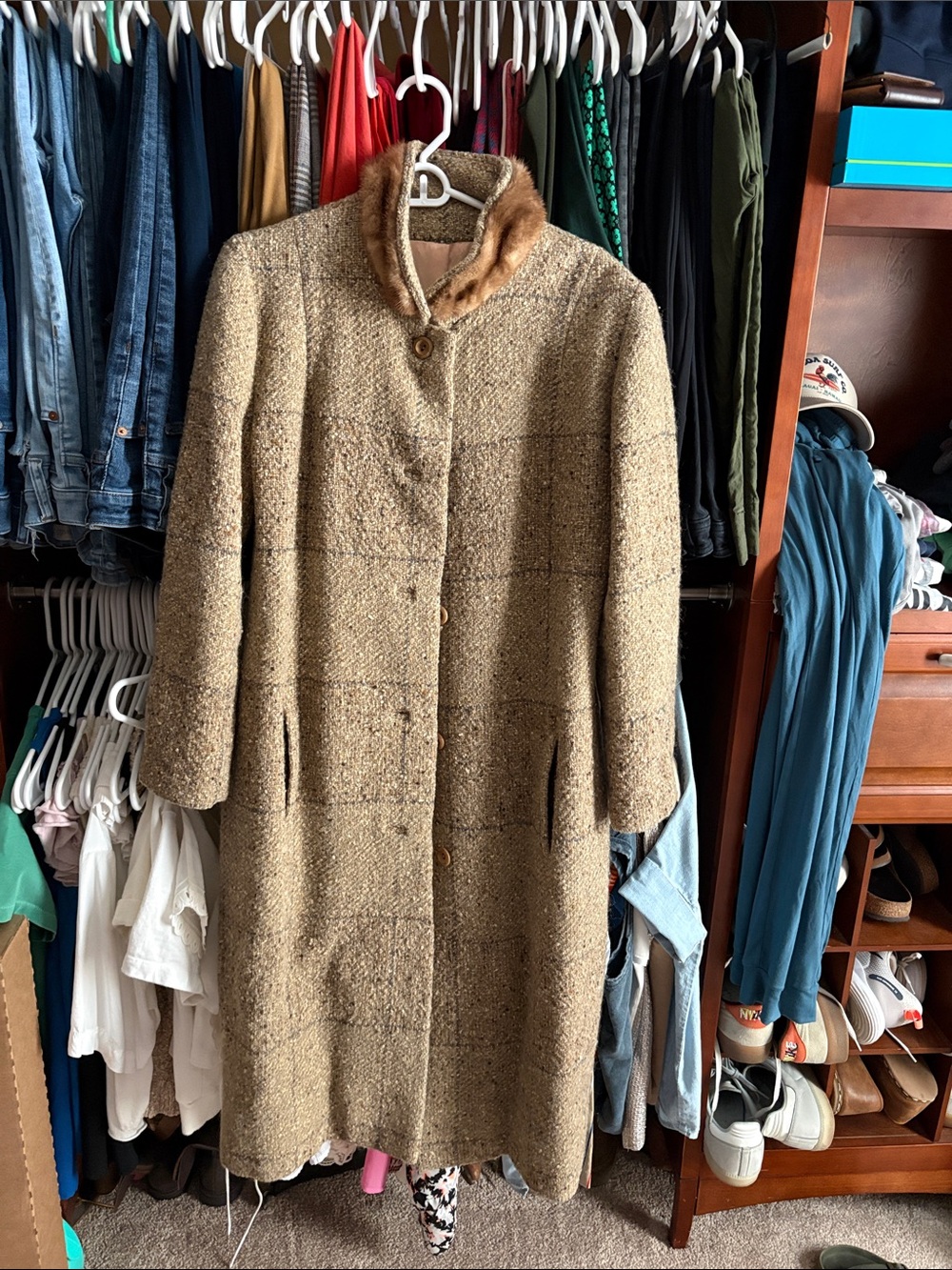 Vintage tweed top coat with rabbit fur collar and wooden buttons